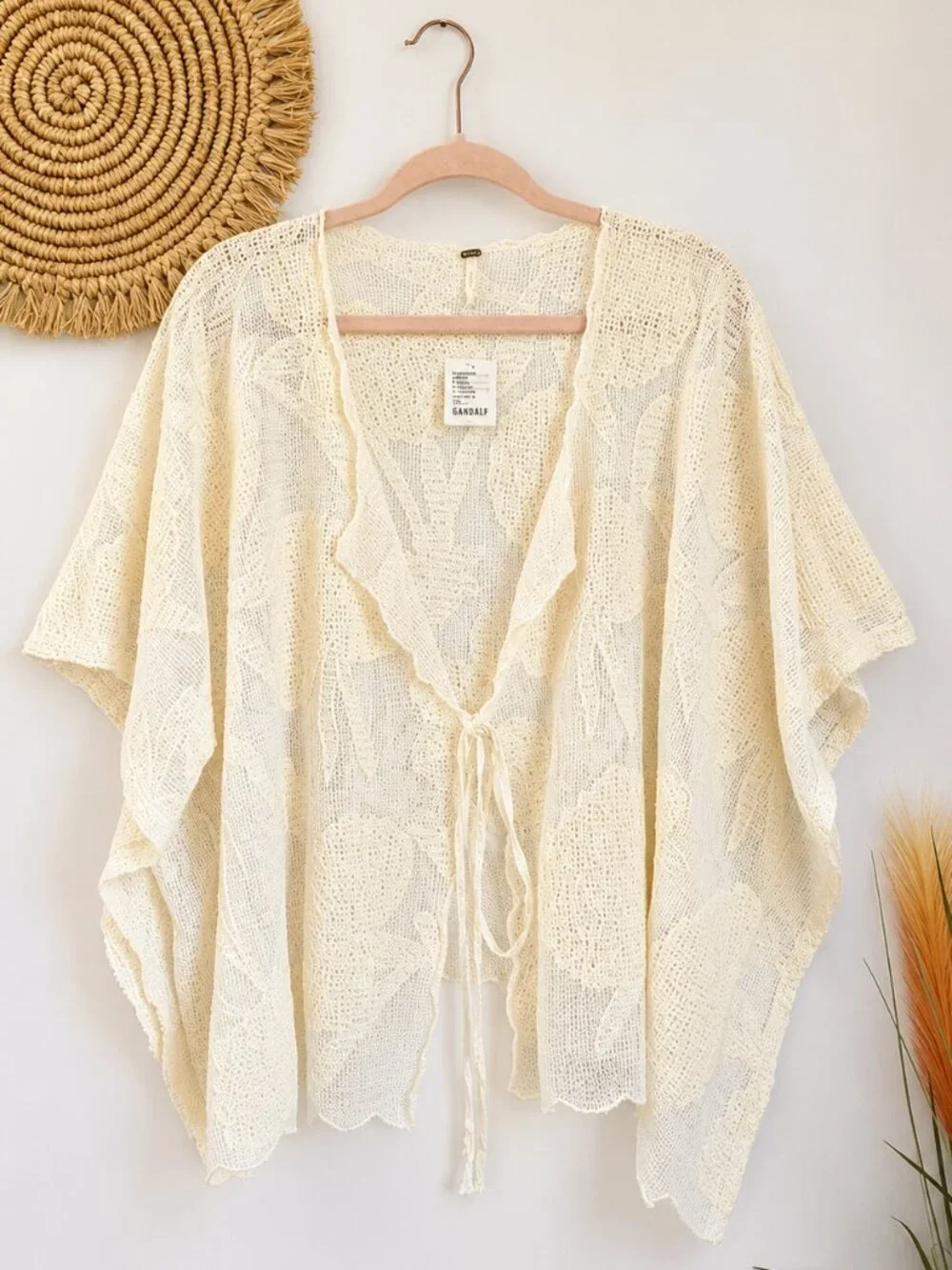 Free People NEW Willow Ivory Off White Lace Tie Front Cape Kimono One Size Boho